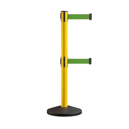 Montour Line Retractable Dbl Belt Rolling Stanchion, 2.5in YW Post 11' Green Belt ES400D-YW-GN-110